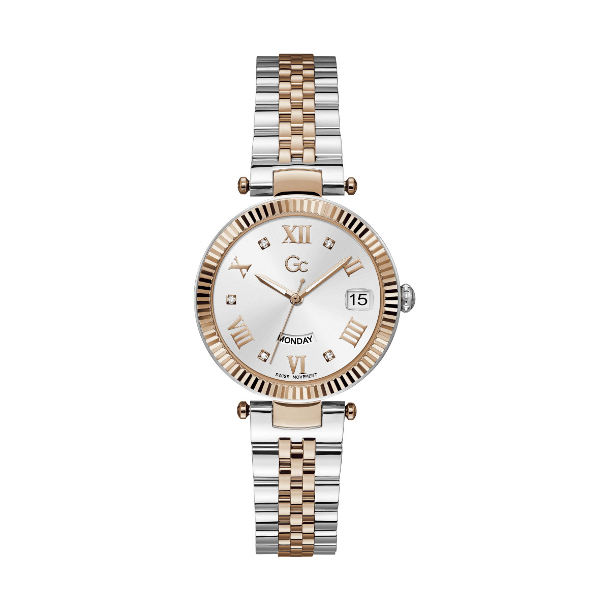Dit tweekleurige dameshorloge uit de Gc Flair serie is een fashion statement. De lunet van dit modieuze model heeft prachtige details en de wijzerplaat met Romeinse cijfers is ingelegd met schitterende kristallen. De elegantie komt naar voren door de lichte zilverkleurige wijzerplaat, zowel de roségoudkleurige wijzers als indexen zijn voorzien van een Super-LumiNova. De tweekleurige polished & brushed band die sluit middels een vlindersluiting geeft dit horloge een stoere touch. Model: Z01003L1MF.